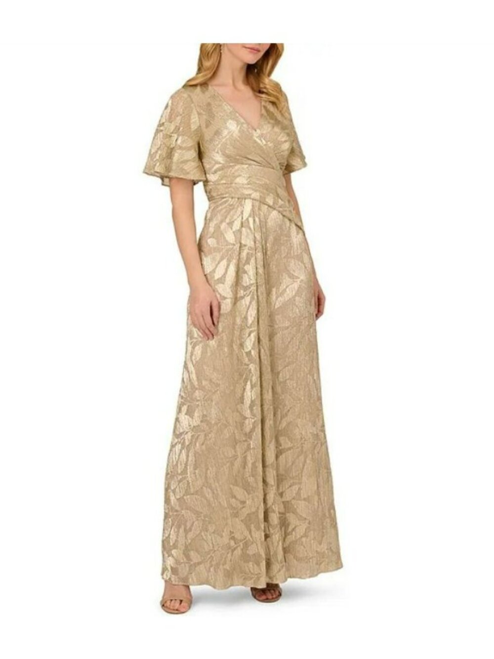 Adrianna Papell Champagne Gold Foil Leaf V-Neck Surplice Draped Gown, Size 20W - Picture 2 of 14